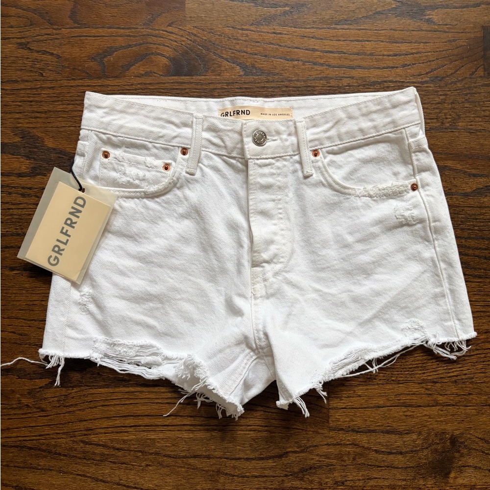 GRLFRND NWT Helena High Rise Cut Off White Denim Shorts Size 24